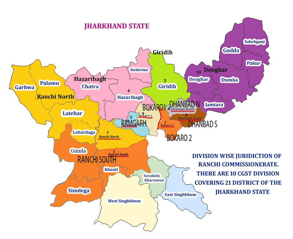 Map showing the jurisdiction of Central GST Commissionerate Audit Ranchi in Jharkhand